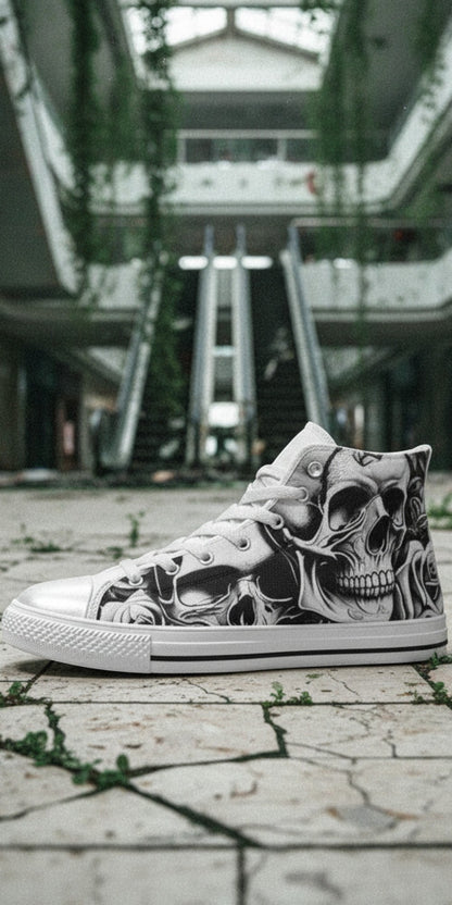 Men's Cartoon Skulls & Roses high-top canvas shoes, custom full-wrap printed design — Freaky Shoes