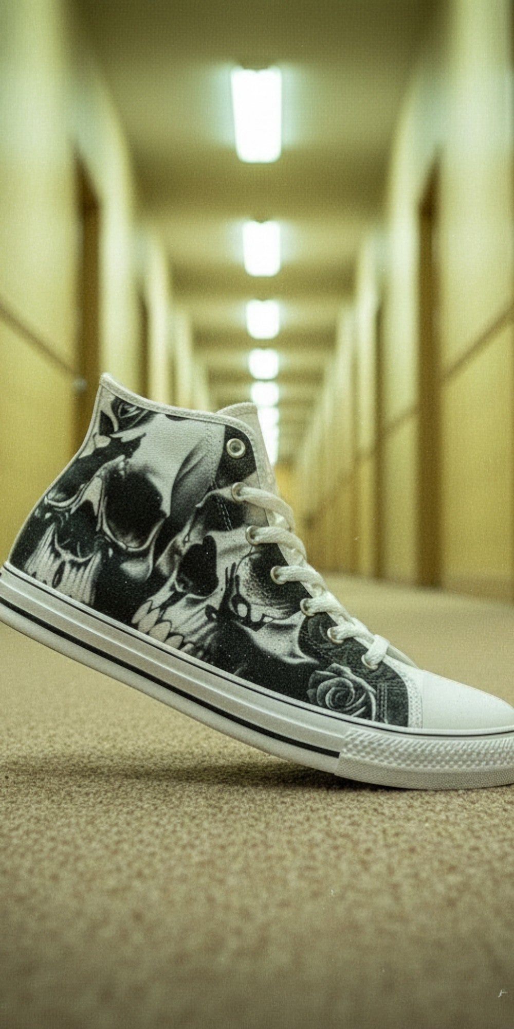 Women's Greyscale Skulls & Roses Black & White high-top canvas shoes — one-of-a-kind custom printed art, Freaky Shoes