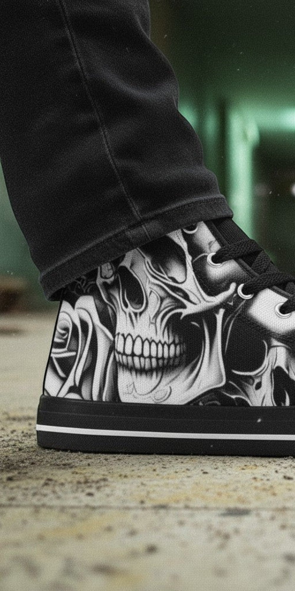 Custom Women's Cartoon Skulls & Roses high-top canvas shoes with bold all-over art — Freaky Shoes
