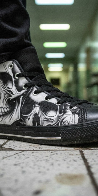 Custom Women's Cartoon Skulls & Roses high-top canvas shoes with bold all-over art — Freaky Shoes