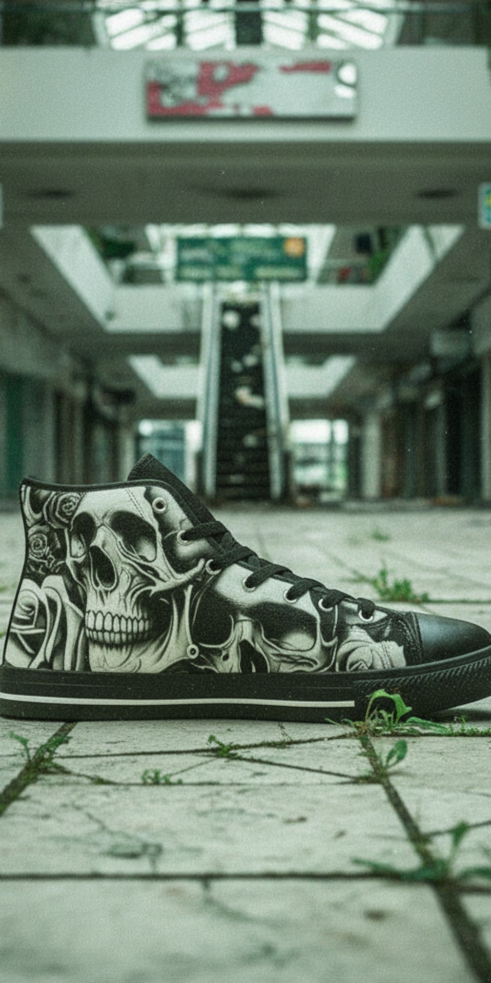 Men's Cartoon Skulls & Roses custom high-top canvas shoes — wearable art by Freaky Shoes