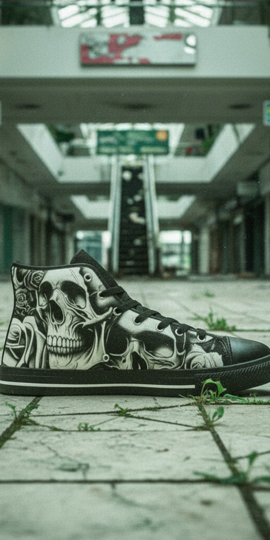 Freaky Shoes® men's high-top canvas sneakers featuring a grey skull and rose print in an abandoned mall setting.