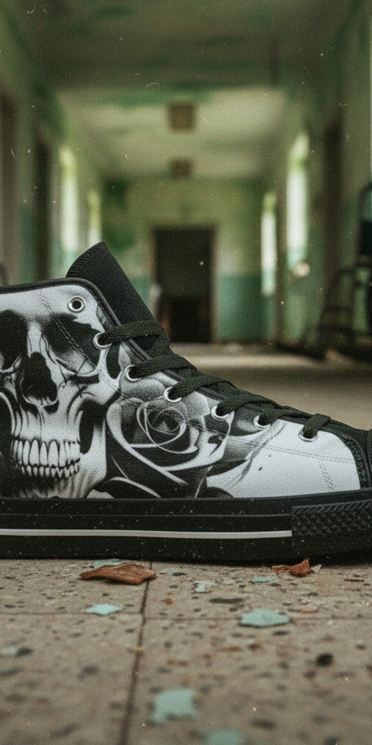 Freaky Shoes® grey skull and rose print high-top canvas sneakers with black rubber soles and lace-up closure.