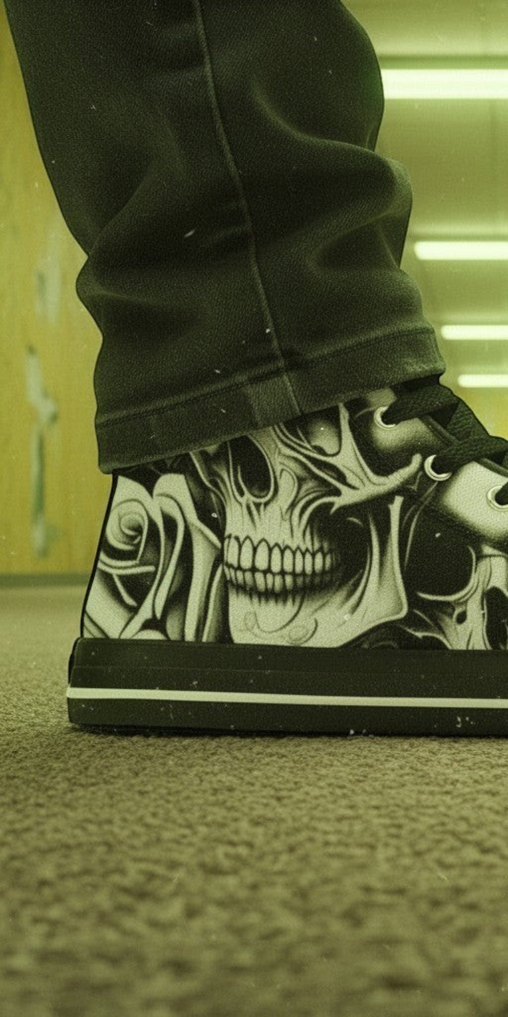 Women's Cartoon Skulls & Roses high-top canvas shoes — one-of-a-kind custom printed art, Freaky Shoes