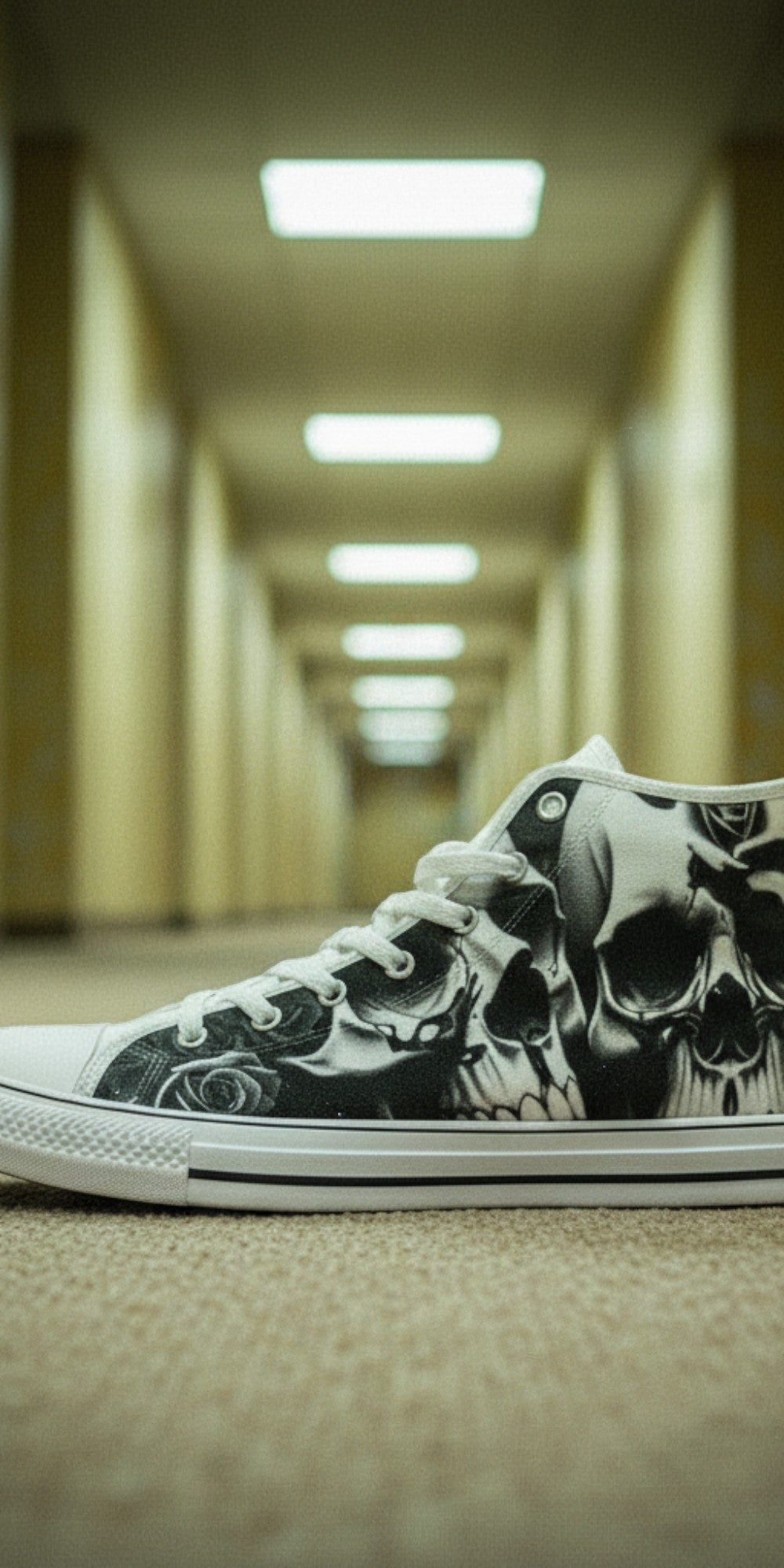 Custom Women's Greyscale Skulls & Roses Black & White high-top canvas shoes with bold all-over art — Freaky Shoes