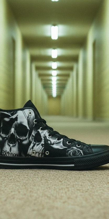 Custom Women's Greyscale Skulls & Roses Black & White high-top canvas shoes with bold all-over art — Freaky Shoes