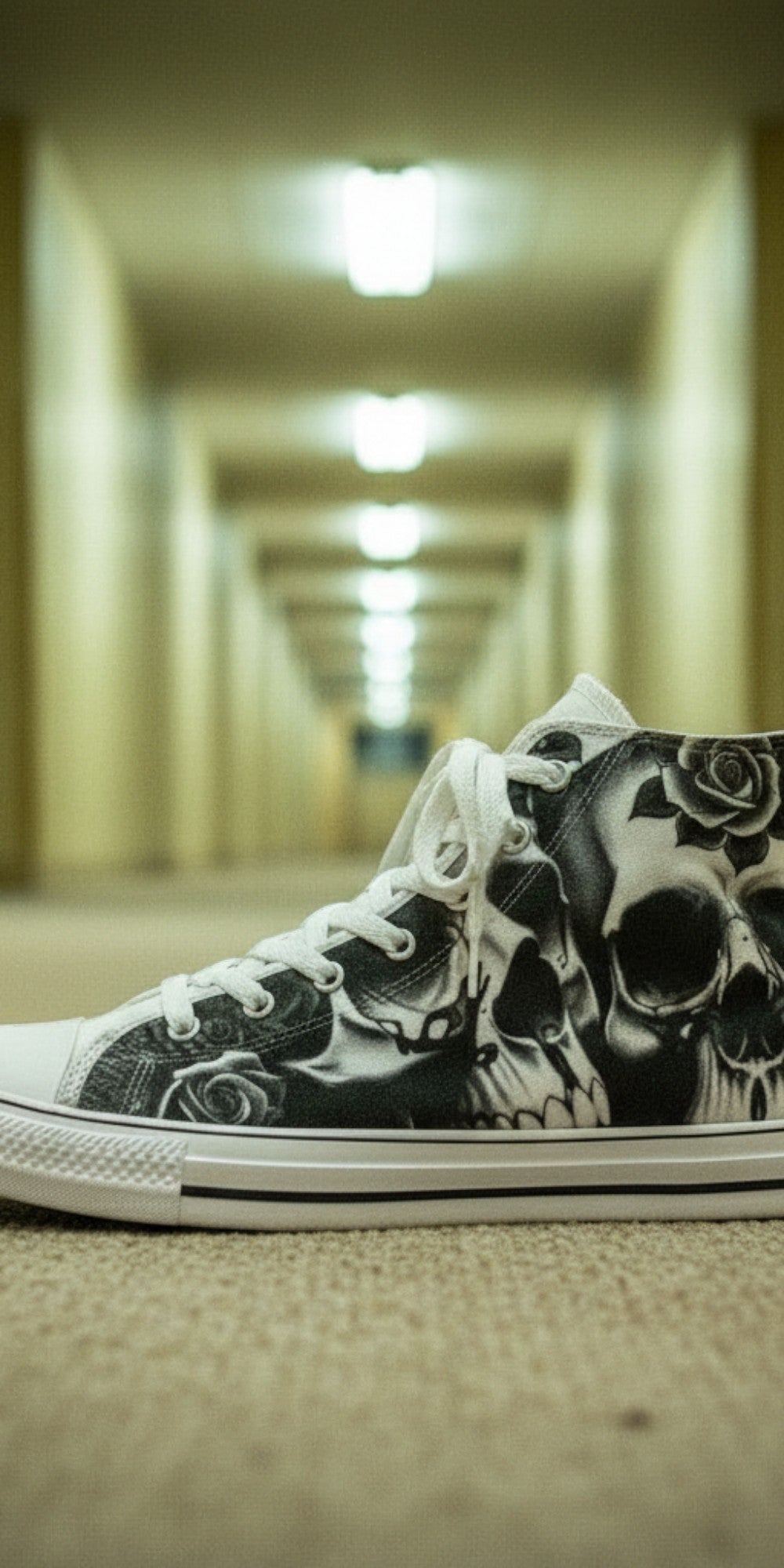 Women's Greyscale Skulls & Roses Black & White custom high-top canvas shoes — wearable art by Freaky Shoes