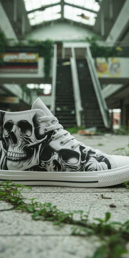 Men's Cartoon Skulls & Roses high-top canvas shoes, custom full-wrap printed design — Freaky Shoes
