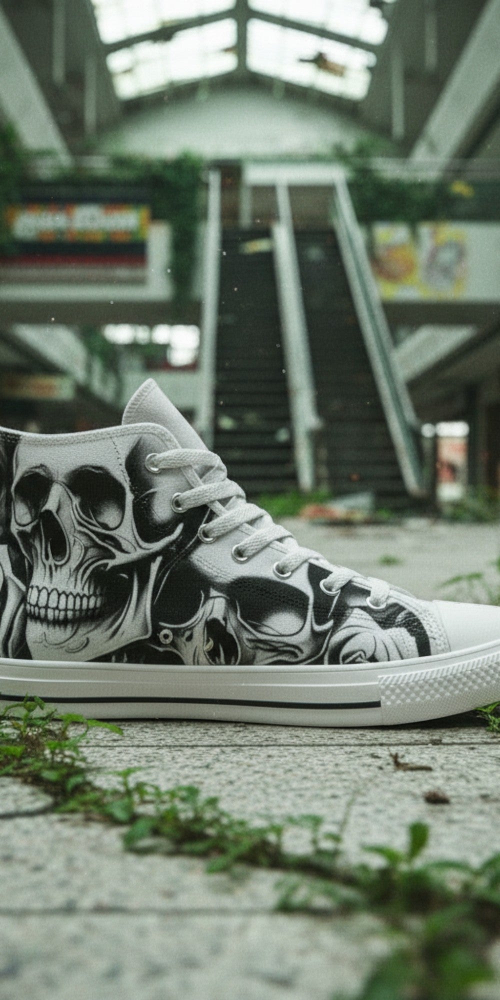 Freaky Shoes® high-top canvas sneakers featuring a grey skull and rose print, lace-up design, and white rubber sole.