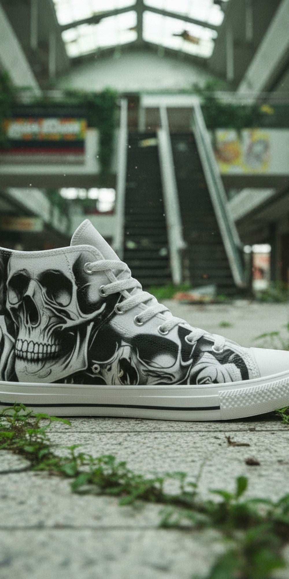 Men's Cartoon Skulls & Roses high-top canvas shoes, custom full-wrap printed design — Freaky Shoes