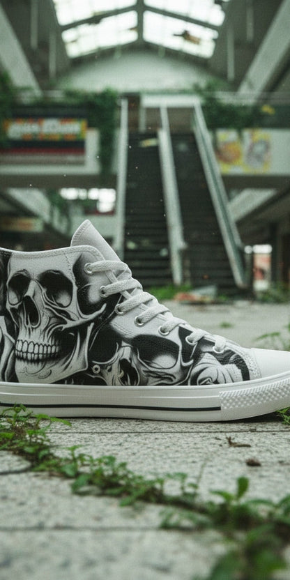 Men's Cartoon Skulls & Roses high-top canvas shoes, custom full-wrap printed design — Freaky Shoes