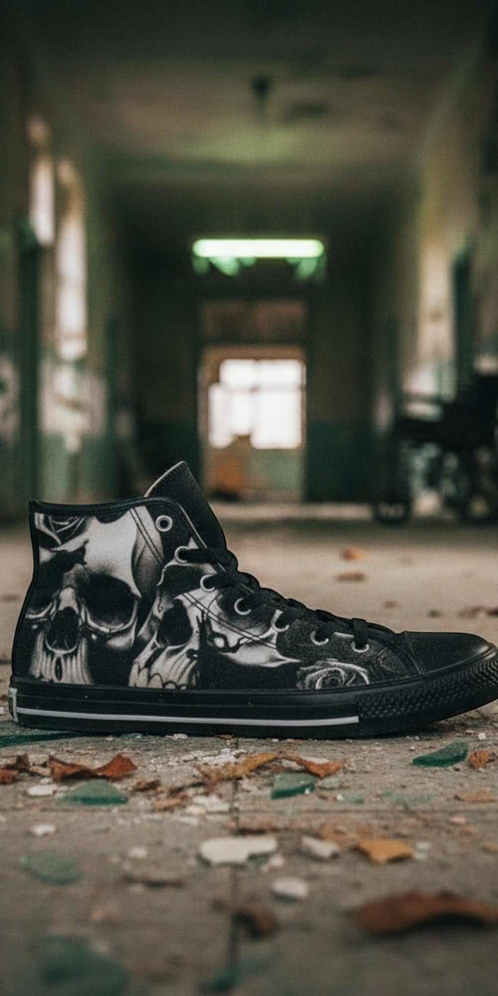 Men's Greyscale Skulls & Roses Black & White hand-made high-top canvas shoes — unique wearable art by Freaky Shoes