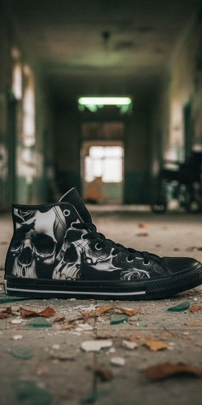 Men's Greyscale Skulls & Roses Black & White hand-made high-top canvas shoes — unique wearable art by Freaky Shoes