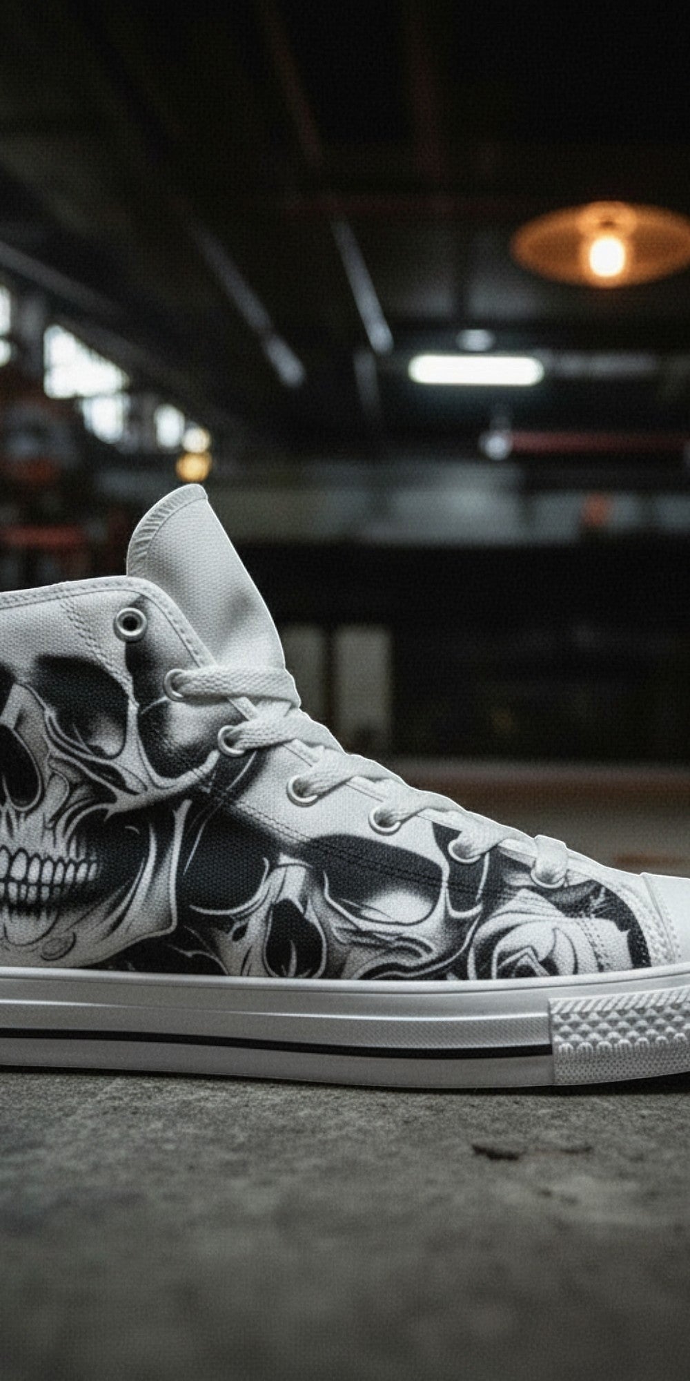 Women's Cartoon Skulls & Roses hand-made high-top canvas shoes — unique wearable art by Freaky Shoes