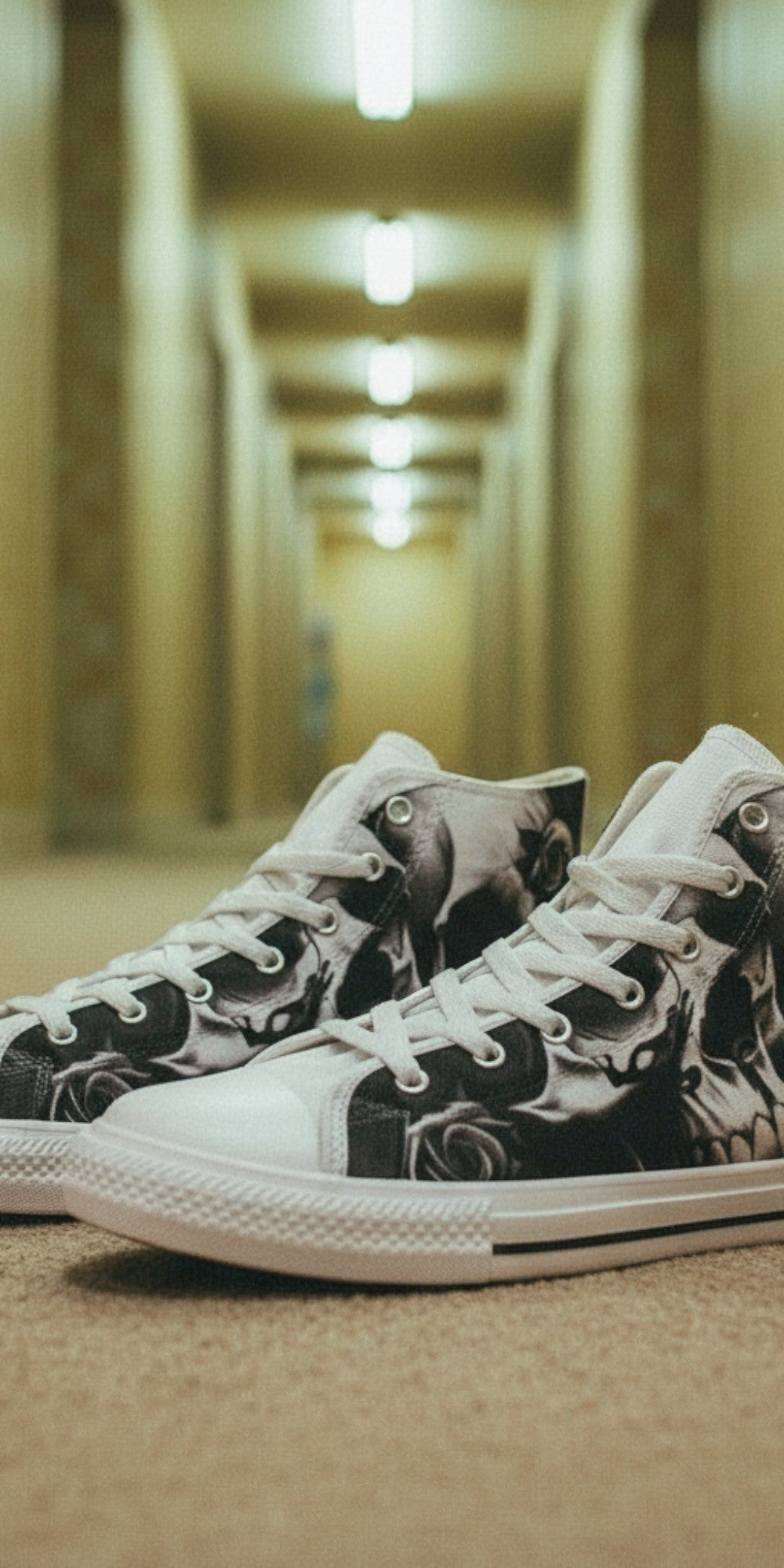 Women's Greyscale Skulls & Roses Black & White custom high-top canvas shoes — wearable art by Freaky Shoes
