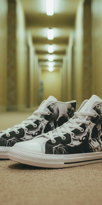 Women's Greyscale Skulls & Roses Black & White custom high-top canvas shoes — wearable art by Freaky Shoes