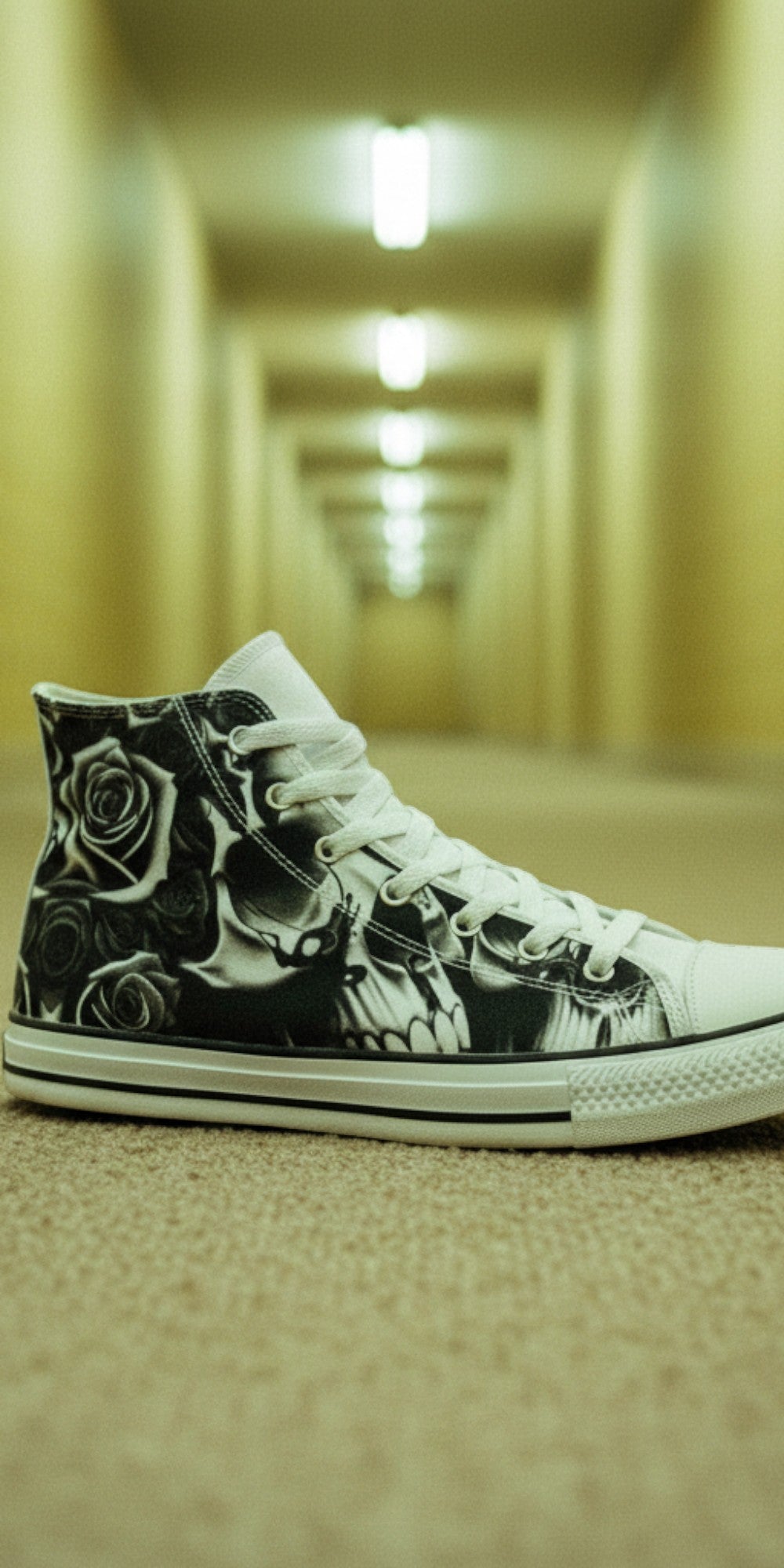 Women's Greyscale Skulls & Roses Black & White high-top canvas shoes — one-of-a-kind custom printed art, Freaky Shoes