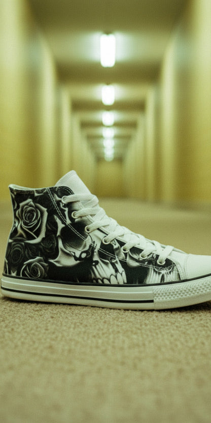 Women's Greyscale Skulls & Roses Black & White high-top canvas shoes — one-of-a-kind custom printed art, Freaky Shoes