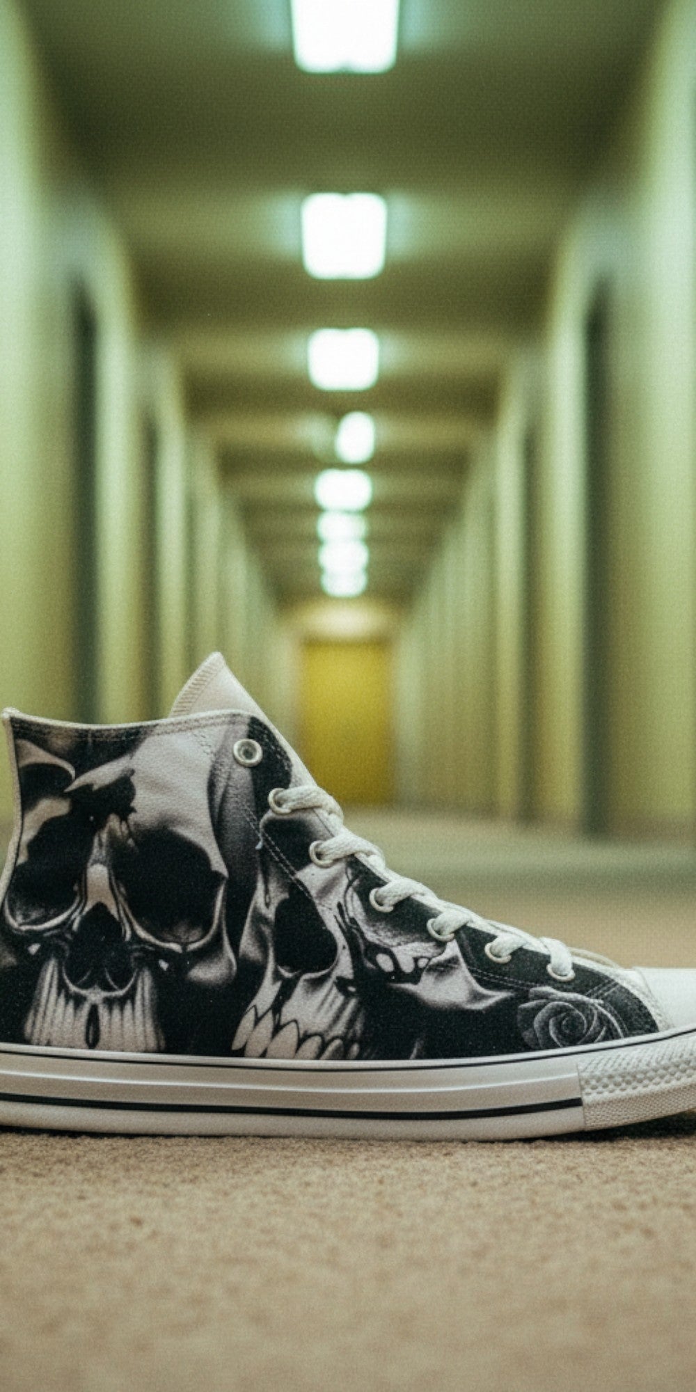 Women's Greyscale Skulls & Roses Black & White custom high-top canvas shoes — wearable art by Freaky Shoes