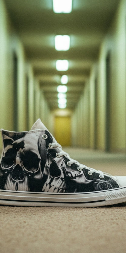 Women's Greyscale Skulls & Roses Black & White custom high-top canvas shoes — wearable art by Freaky Shoes