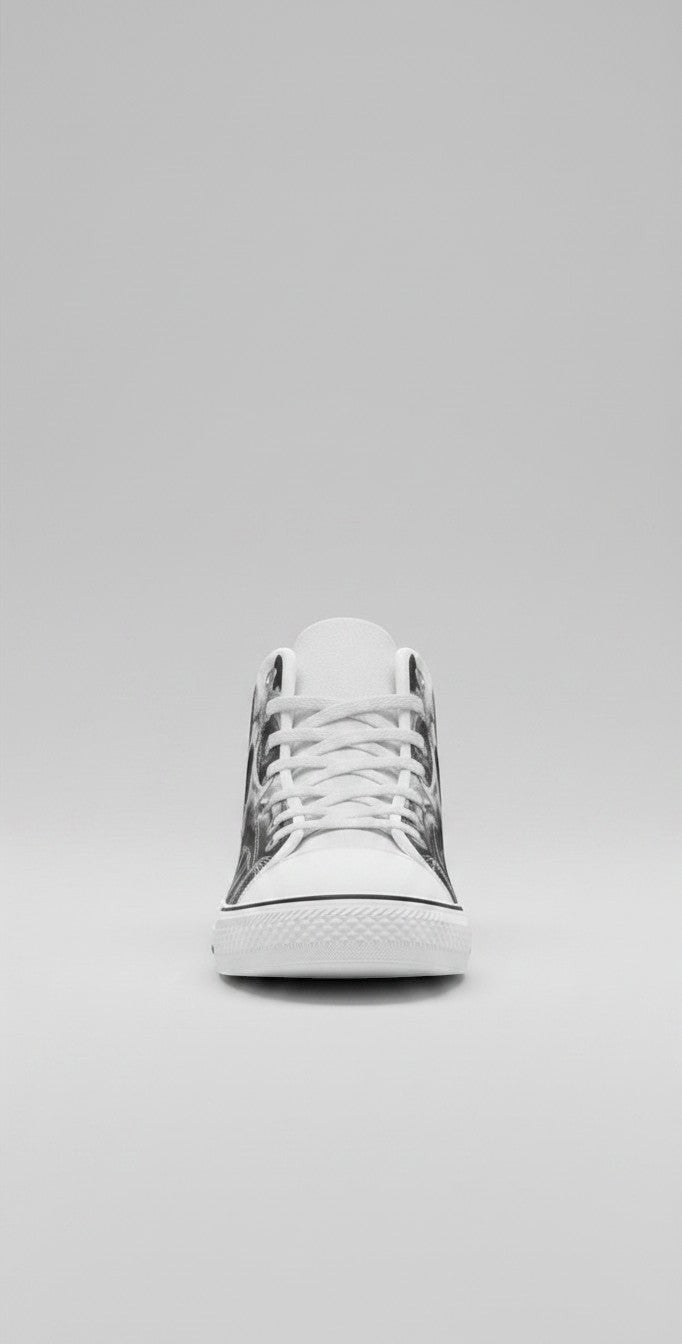 Freaky Shoes® women's gothic high-top canvas sneakers featuring a grey skull and dark rose print with lace-up front