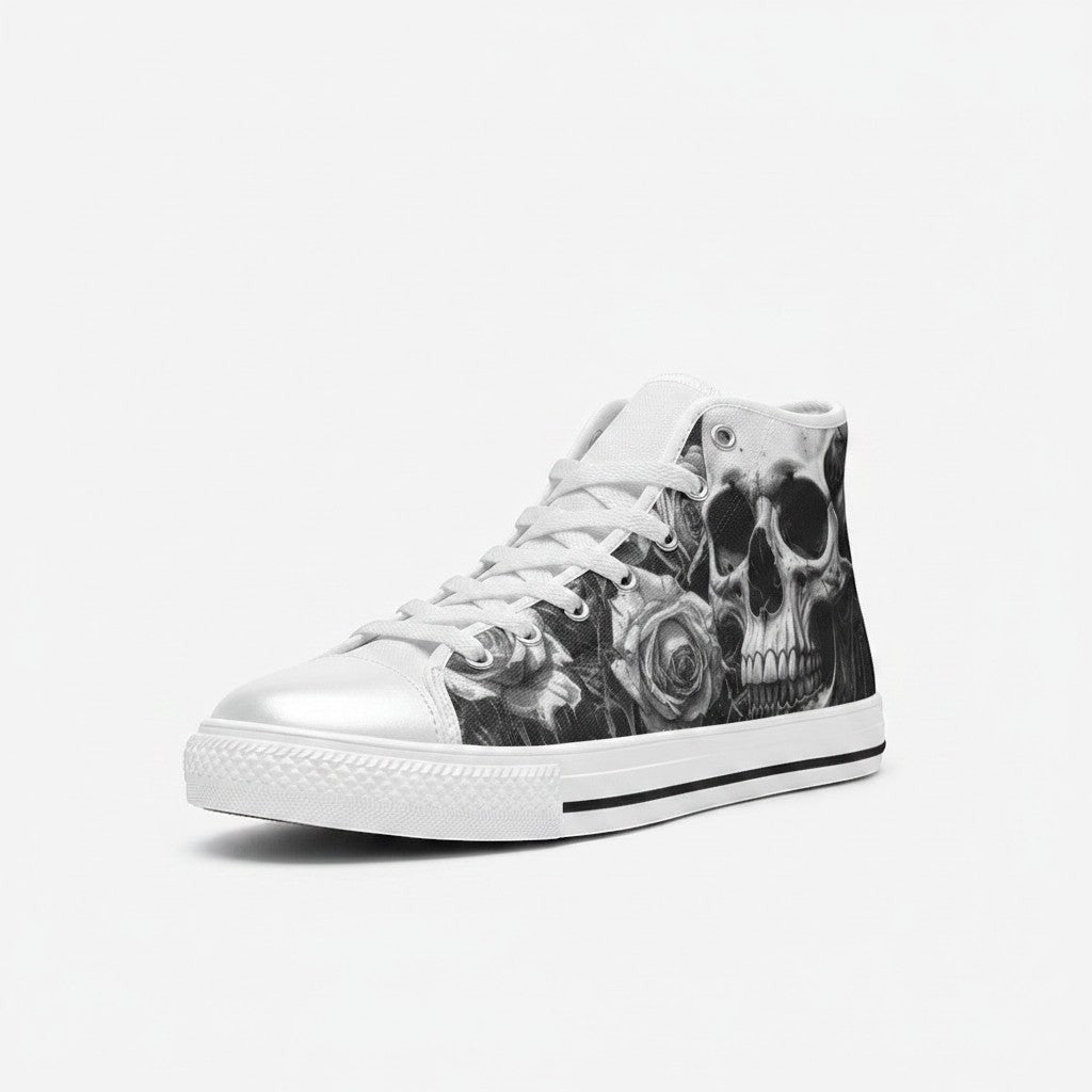 Freaky Shoes® women's grey high-top canvas sneakers featuring a gothic skull and dark rose print with white laces.