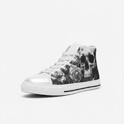 Freaky Shoes® women's grey high-top canvas sneakers featuring a gothic skull and dark rose print with white laces.