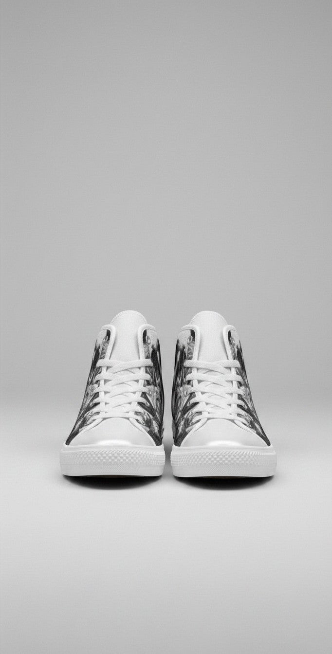 Freaky Shoes® women's high-top canvas sneakers featuring a grey skull and dark rose gothic print with white laces.