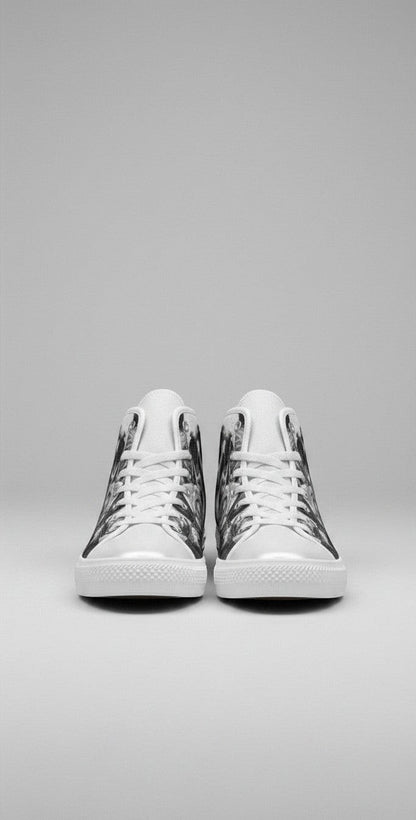 Freaky Shoes® women's high-top canvas sneakers featuring a grey skull and dark rose gothic print with white laces.
