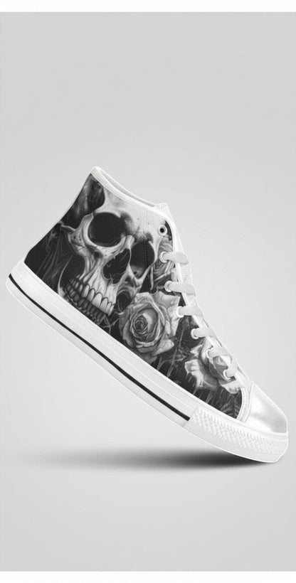 Freaky Shoes® women's grey high-top canvas sneakers featuring a gothic skull and dark rose print with lace-up closure