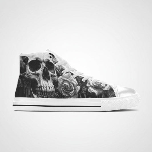 Freaky Shoes® women's grey high-top canvas sneakers featuring a gothic skull and dark rose print with lace-up closure