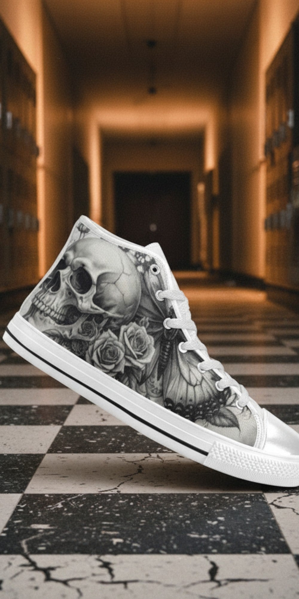 Custom Men's Dark Skull Rose Grey Gothic high-top canvas shoes with bold all-over art — Freaky Shoes
