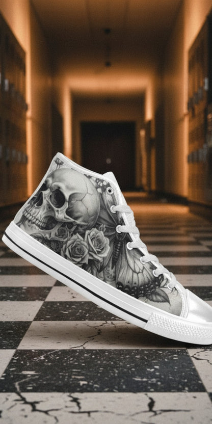 Custom Men's Dark Skull Rose Grey Gothic high-top canvas shoes with bold all-over art — Freaky Shoes