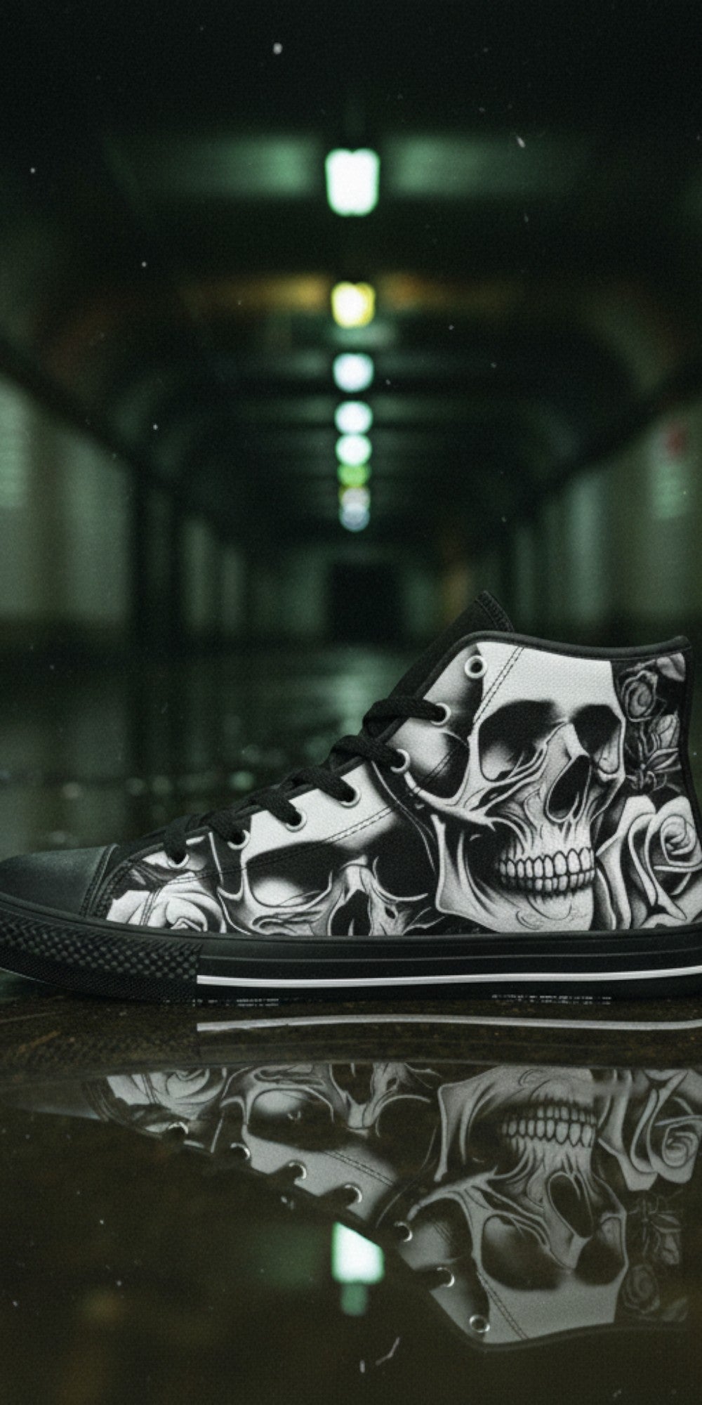Women's Cartoon Skulls & Roses high-top canvas shoes, custom full-wrap printed design — Freaky Shoes