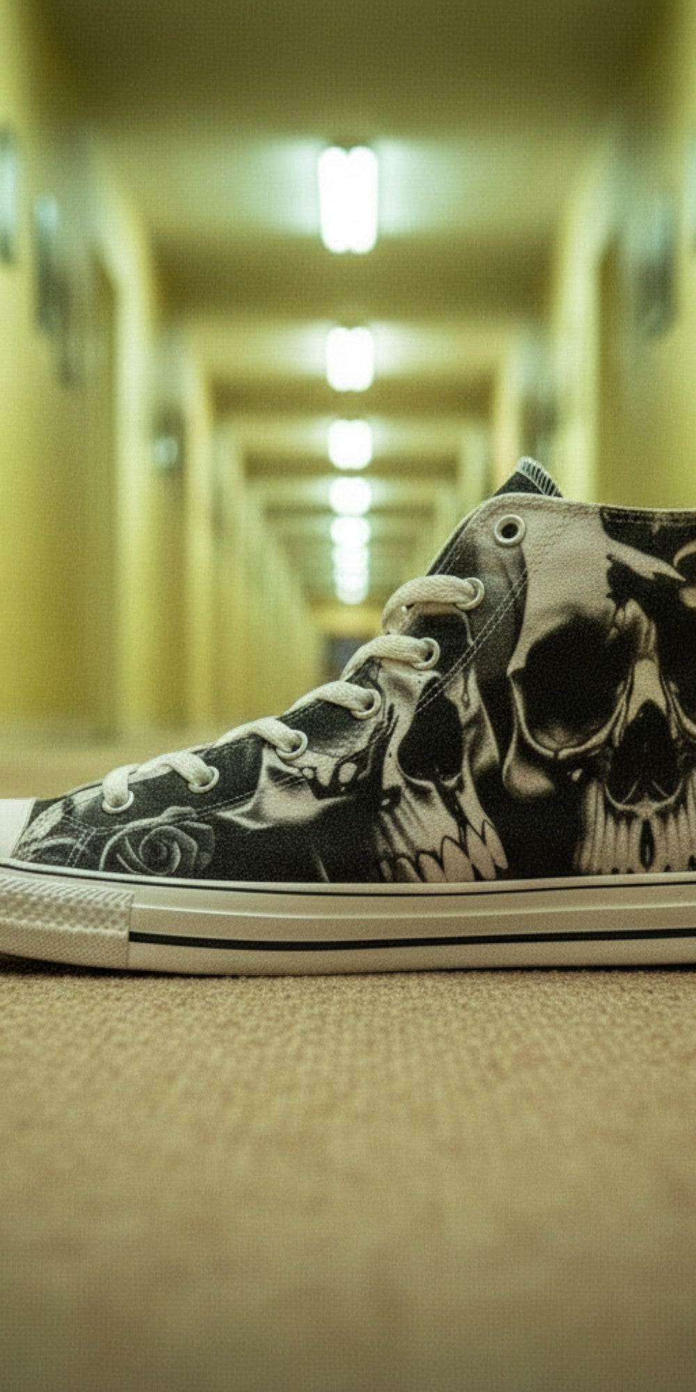 Women's Greyscale Skulls & Roses Black & White custom high-top canvas shoes — wearable art by Freaky Shoes