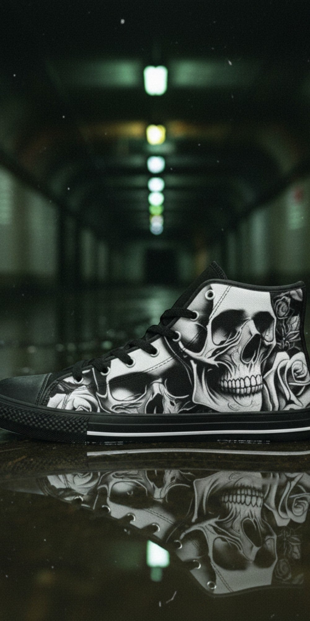 Women's Cartoon Skulls & Roses high-top canvas shoes, custom full-wrap printed design — Freaky Shoes