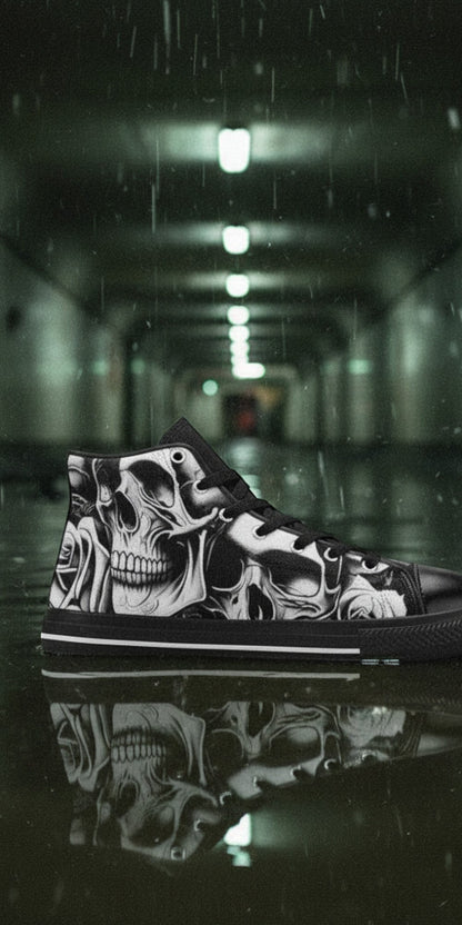 Women's Cartoon Skulls & Roses hand-made high-top canvas shoes — unique wearable art by Freaky Shoes