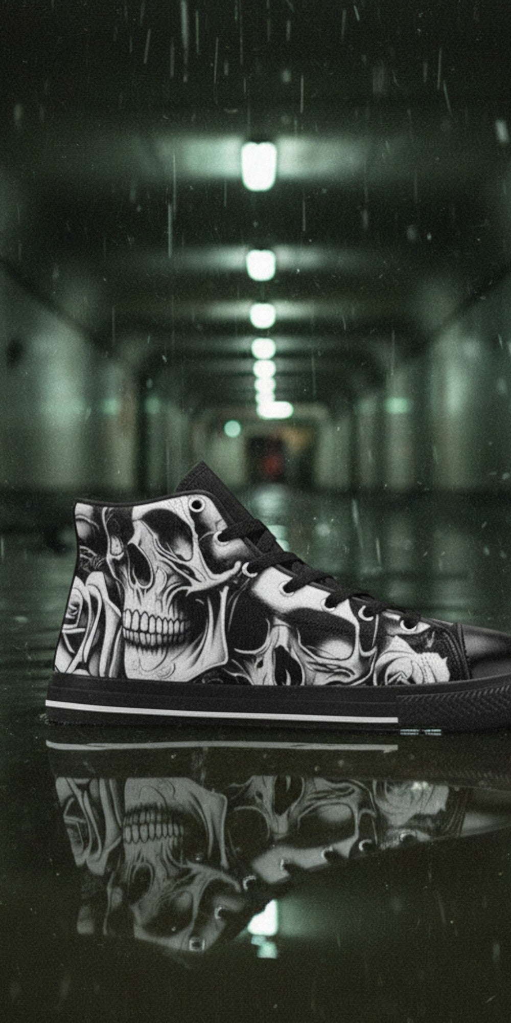 Women's Cartoon Skulls & Roses hand-made high-top canvas shoes — unique wearable art by Freaky Shoes