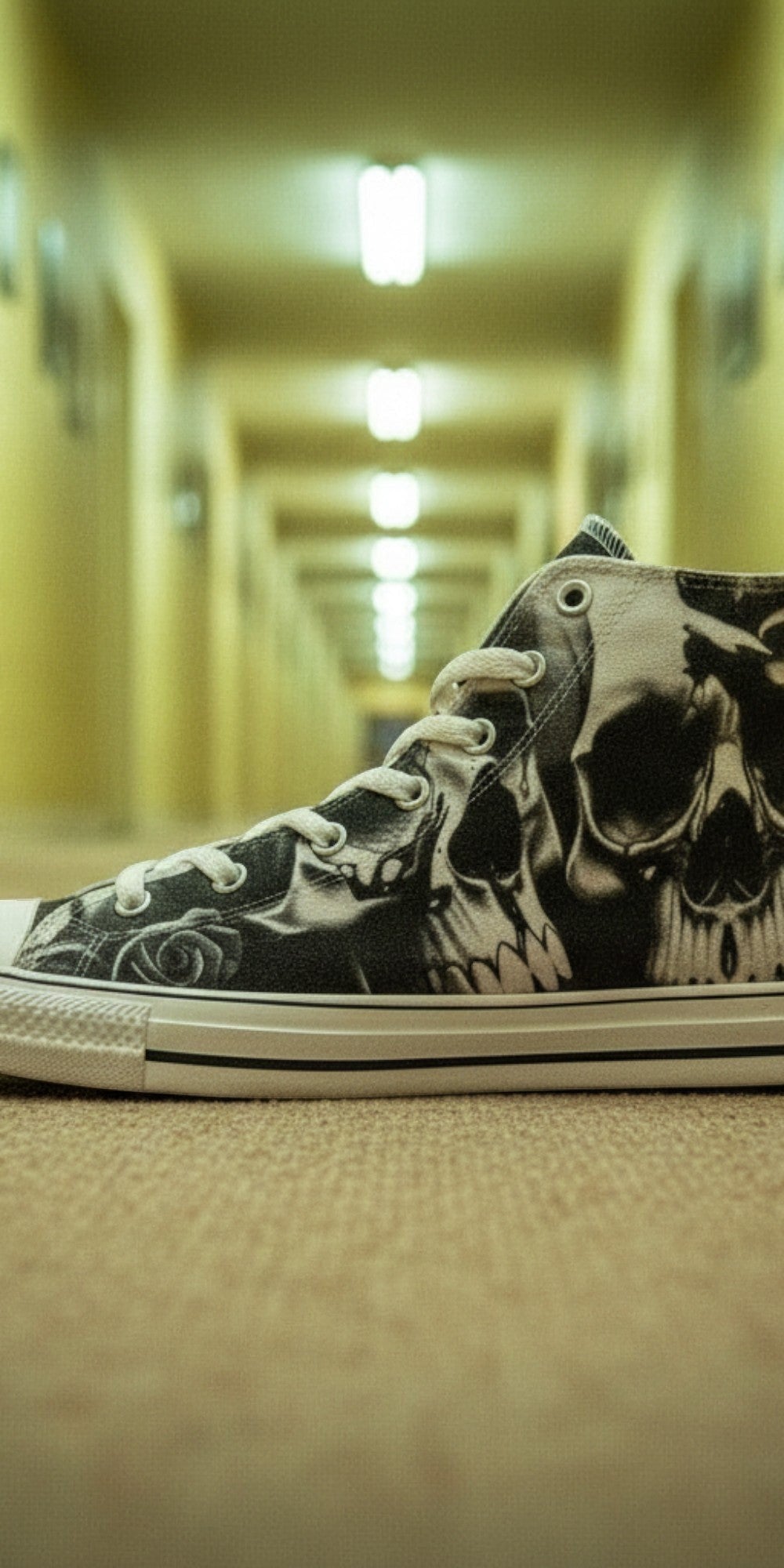 Women's Greyscale Skulls & Roses Black & White custom high-top canvas shoes — wearable art by Freaky Shoes
