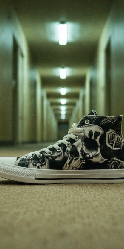 Custom Women's Greyscale Skulls & Roses Black & White high-top canvas shoes with bold all-over art — Freaky Shoes