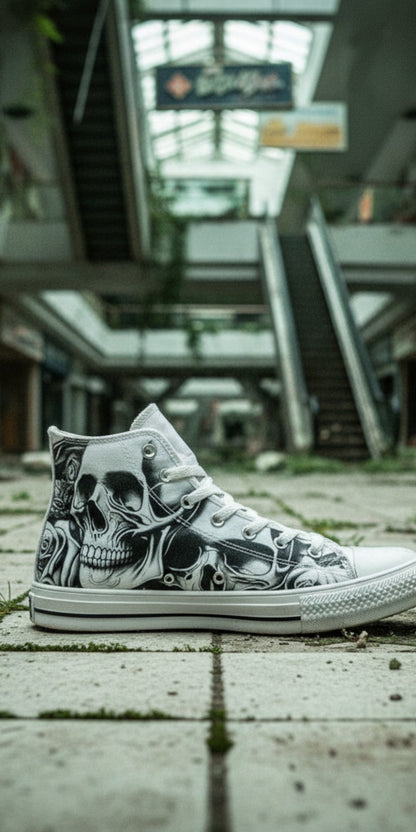 Freaky Shoes® high-top canvas sneakers featuring a grey skull and rose print in an abandoned mall setting.