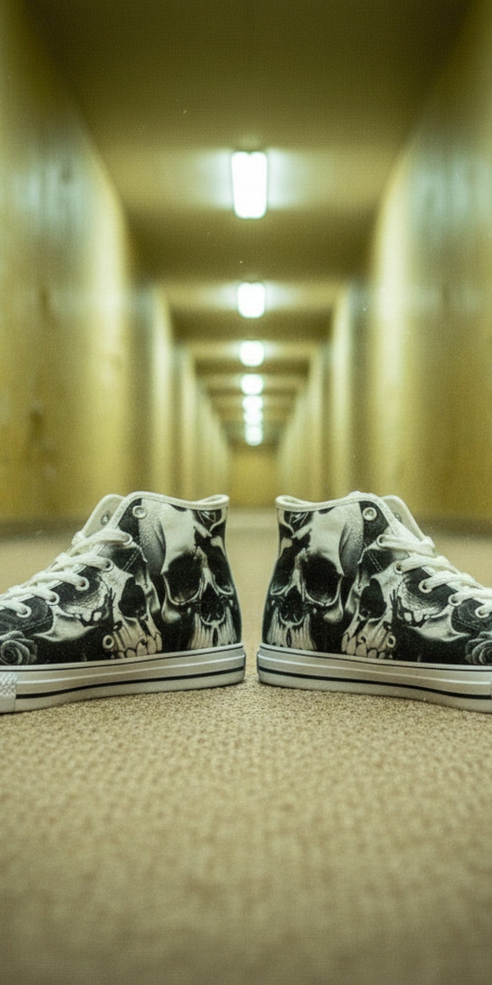 Women's Greyscale Skulls & Roses Black & White hand-made high-top canvas shoes — unique wearable art by Freaky Shoes