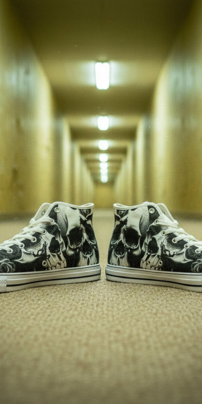 Women's Greyscale Skulls & Roses Black & White hand-made high-top canvas shoes — unique wearable art by Freaky Shoes