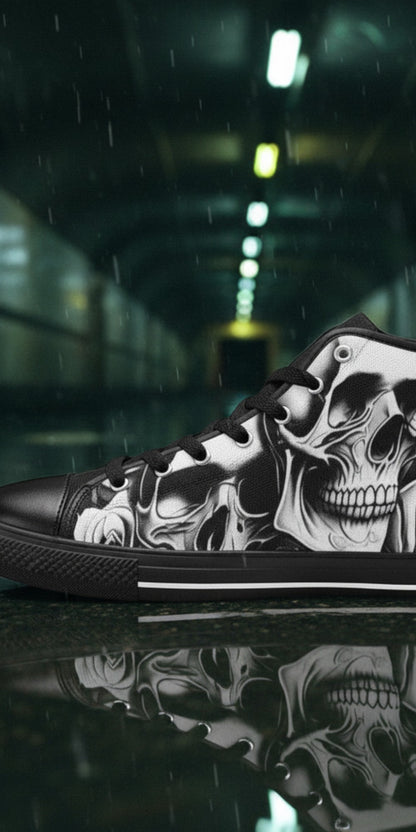 Women's Cartoon Skulls & Roses high-top canvas shoes, custom full-wrap printed design — Freaky Shoes