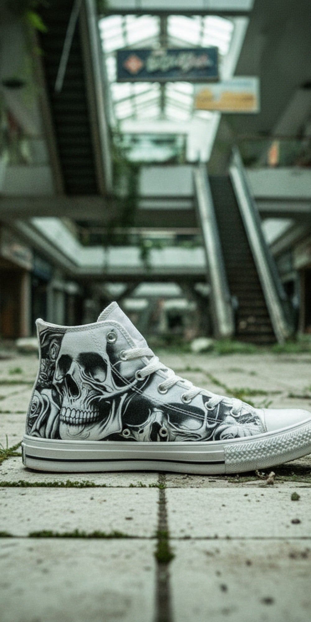 Custom Men's Cartoon Skulls & Roses high-top canvas shoes with bold all-over art — Freaky Shoes