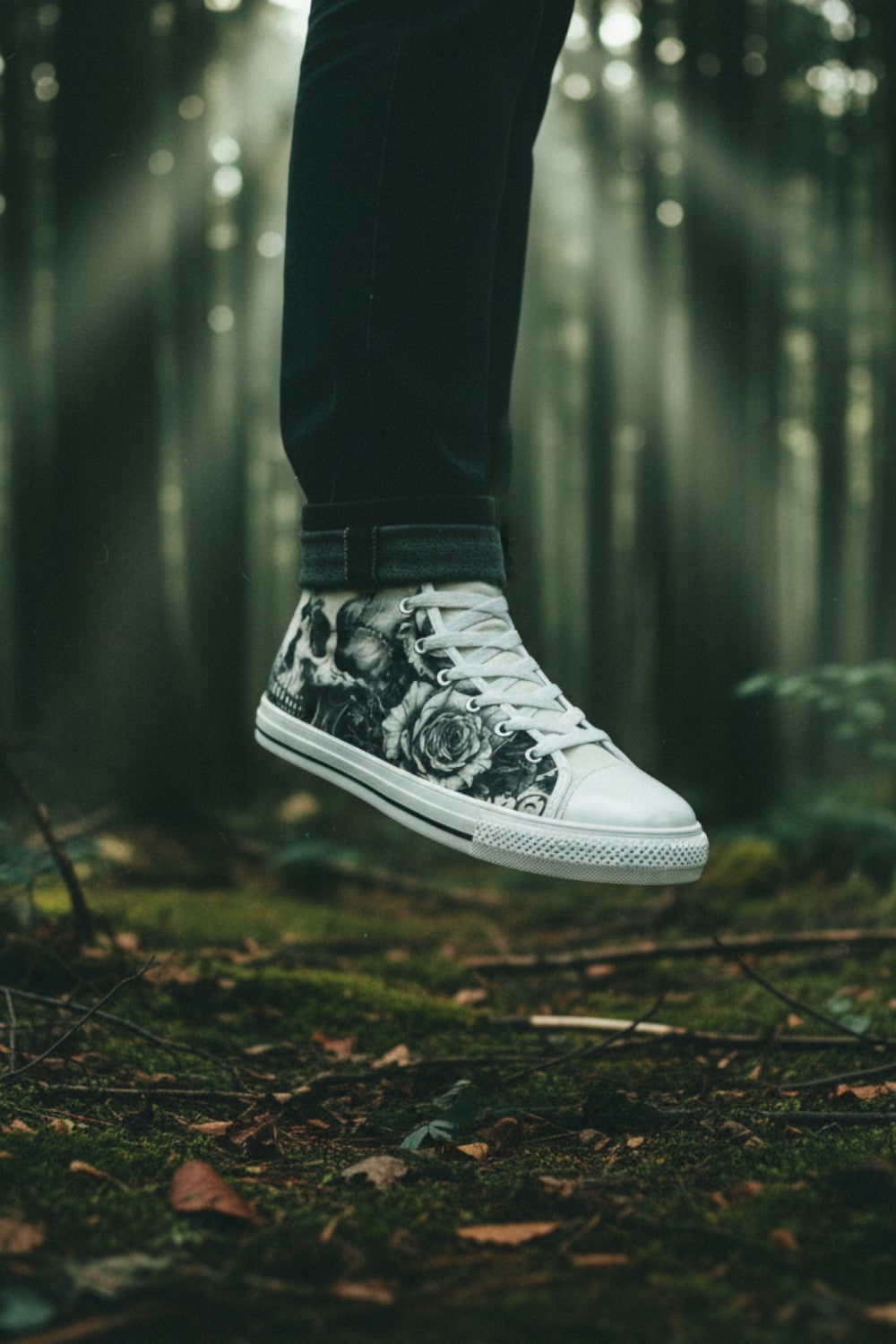 Freaky Shoes® grey canvas high top sneakers featuring a gothic skull and rose print in a misty forest setting.