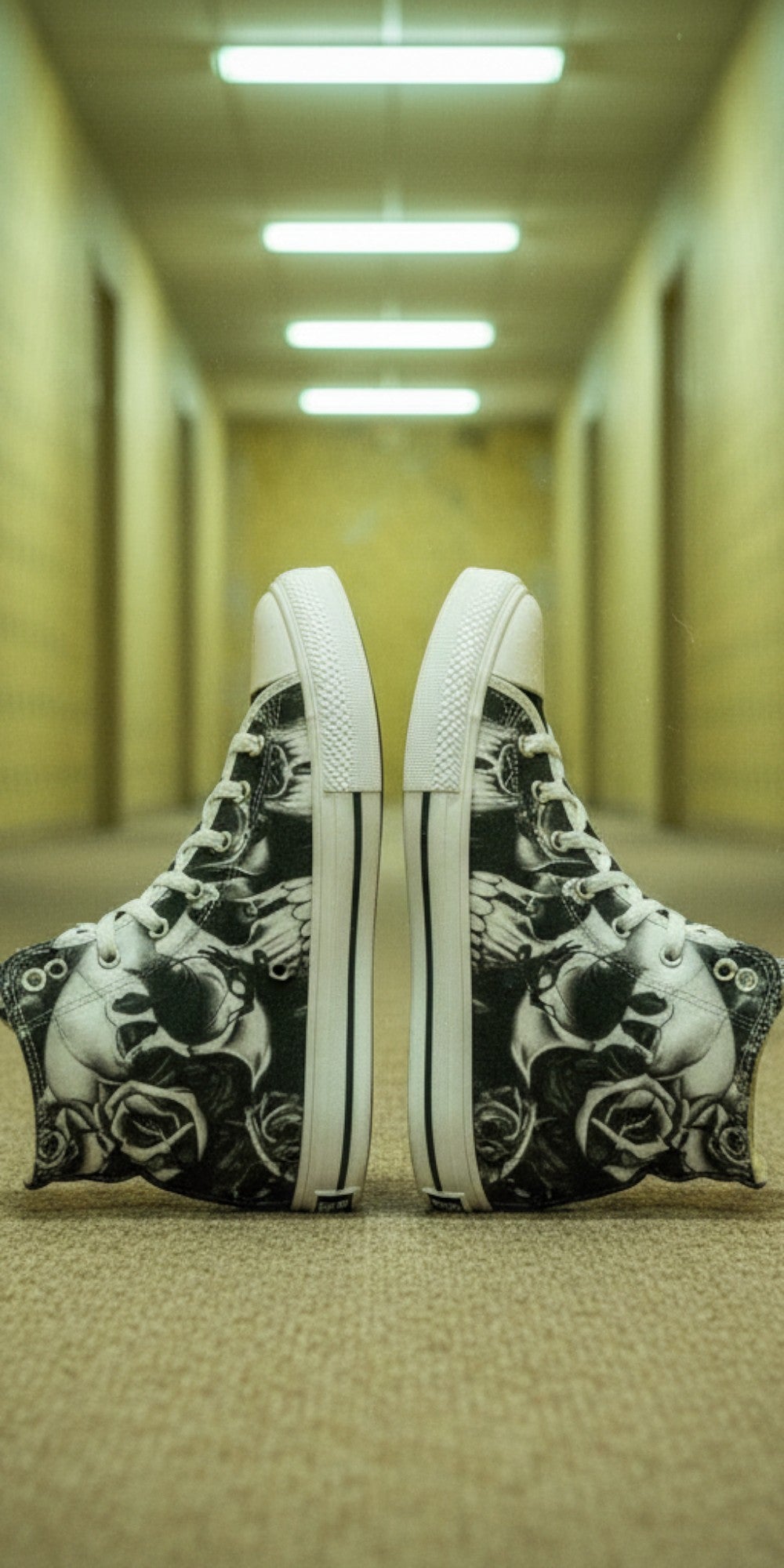 Custom Women's Greyscale Skulls & Roses Black & White high-top canvas shoes with bold all-over art — Freaky Shoes