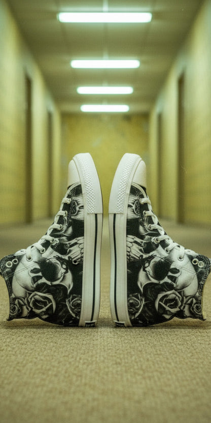 Custom Women's Greyscale Skulls & Roses Black & White high-top canvas shoes with bold all-over art — Freaky Shoes