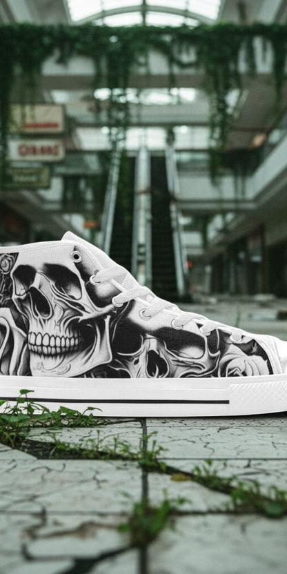 Men's Cartoon Skulls & Roses custom high-top canvas shoes — wearable art by Freaky Shoes