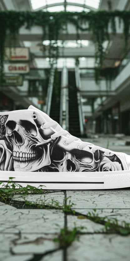 Men's Cartoon Skulls & Roses custom high-top canvas shoes — wearable art by Freaky Shoes